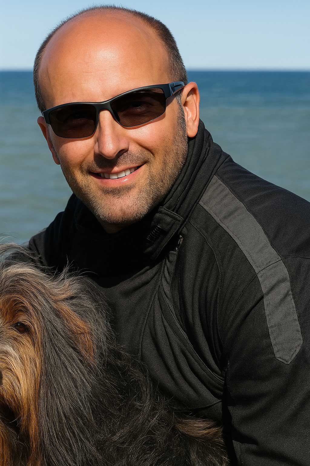 Gruenderfoto von Mann mit Hund, Glatze und Sonnenbrille