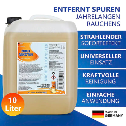 NIKO Nikotin®10L Kanister Profi Nikotinentferner I Kraftvoller Nikotin Entferner Reiniger I auch als effektiver Kunststoffreiniger gegen hartnäckige Vergilbung & Flecken
