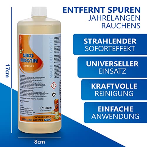 NIKO Nikotin® 1 Liter Profi Nikotinentferner Nachfüllflasche I Kraftvoller Nikotin Entferner Reiniger I auch als effektiver Kunststoffreiniger gegen hartnäckige Vergilbung & Flecken